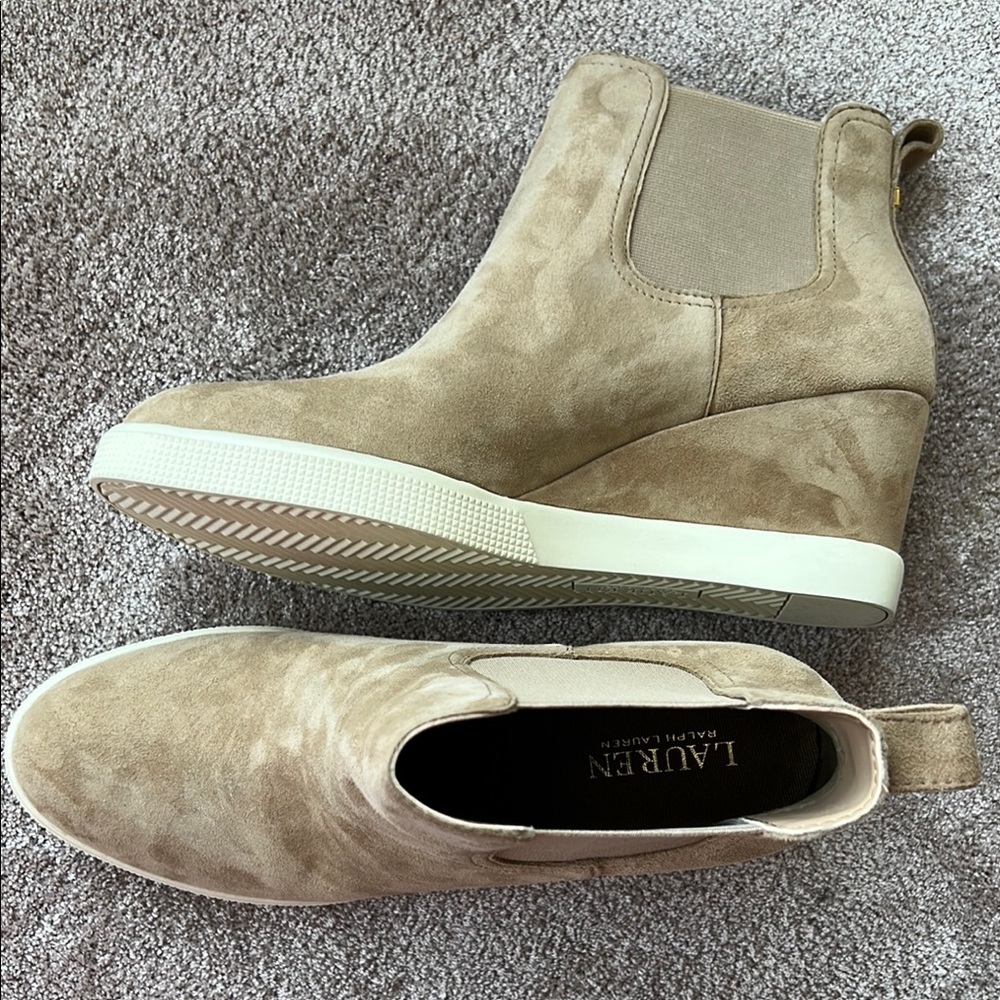 Boots. 🥾 Lauren Ralph Suede Boots, Lauren Tan Wedge Shoes, Elegant Beige Shoes